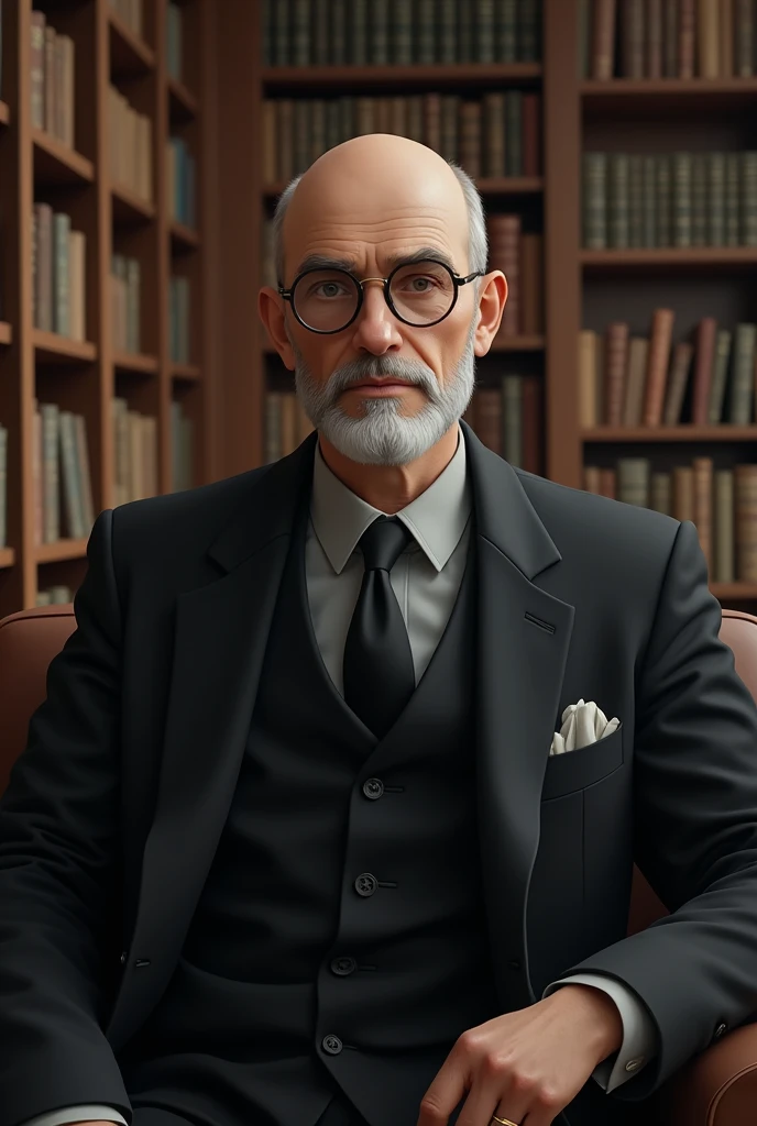 Caucasian man , offwhite , Aquiline nose white beard , bald shaved head , round glasses dark lenses thin lips t-shirt black suit gray shirt black tie , in library 