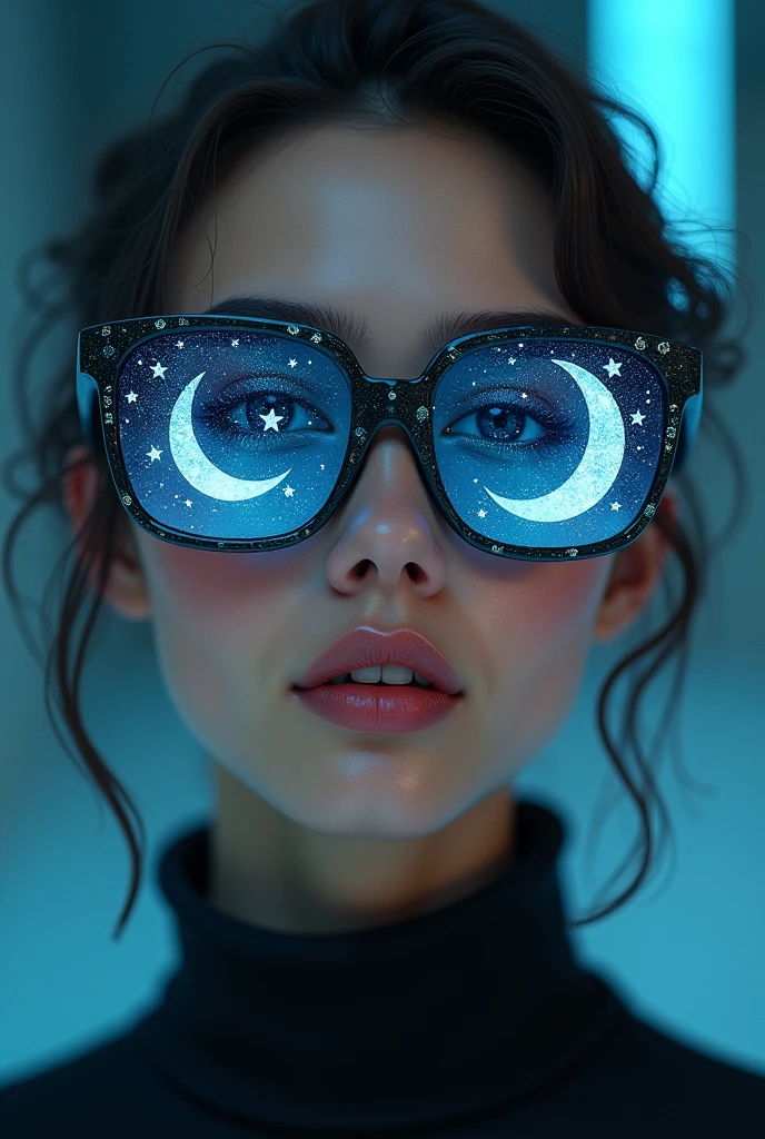The model is wearing glass sunglasses with stars and the moon on the glass