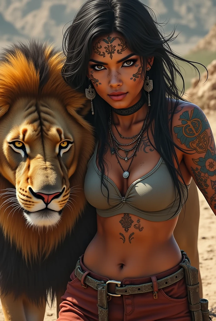 American woman with lion and Chicano tattoos on her face The lion is real 