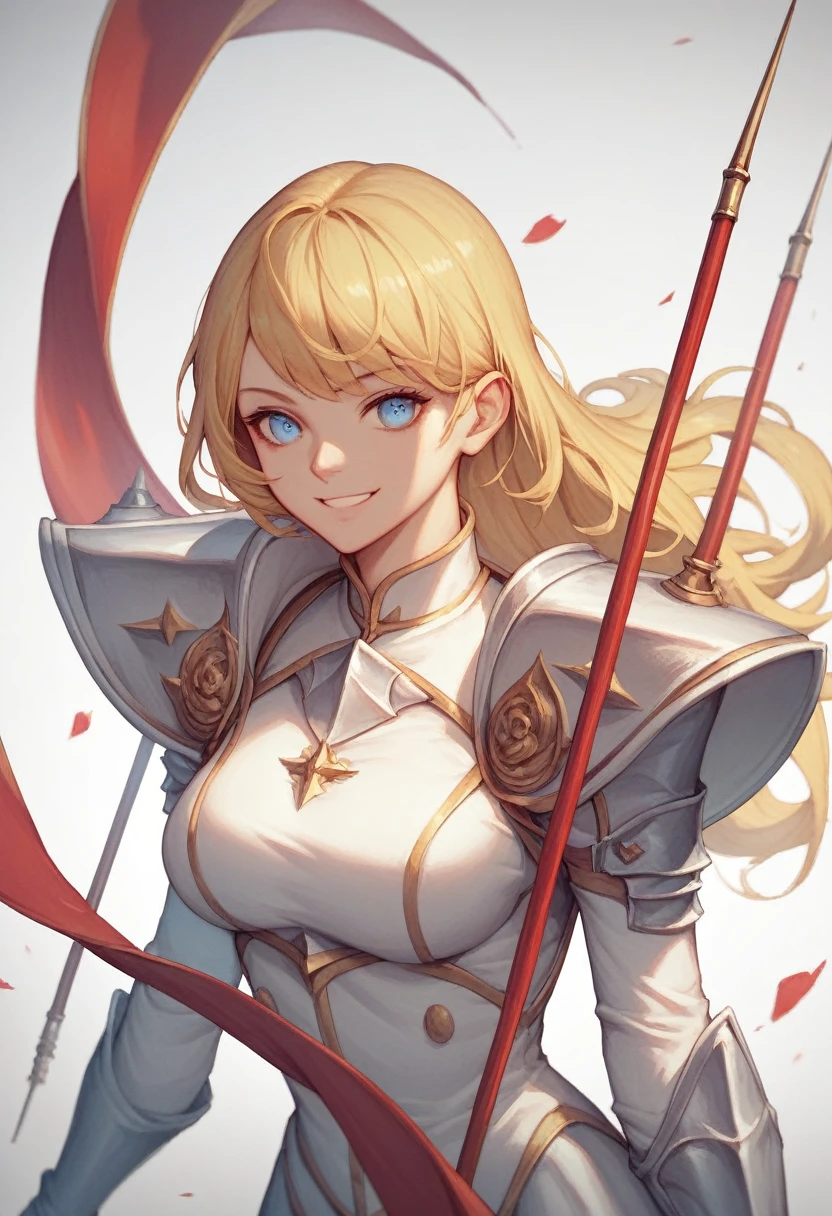 (Standing painting: 1.2) + (1girl:1.5)+ golden hair + princess cut + white knight uniform + detailed eyes and nose + deep blue eyes +  white battle uniform + domineering, masterpiece, best quality,evil smile,holy,adult,upper body,dynamic angle,dynamic pose,