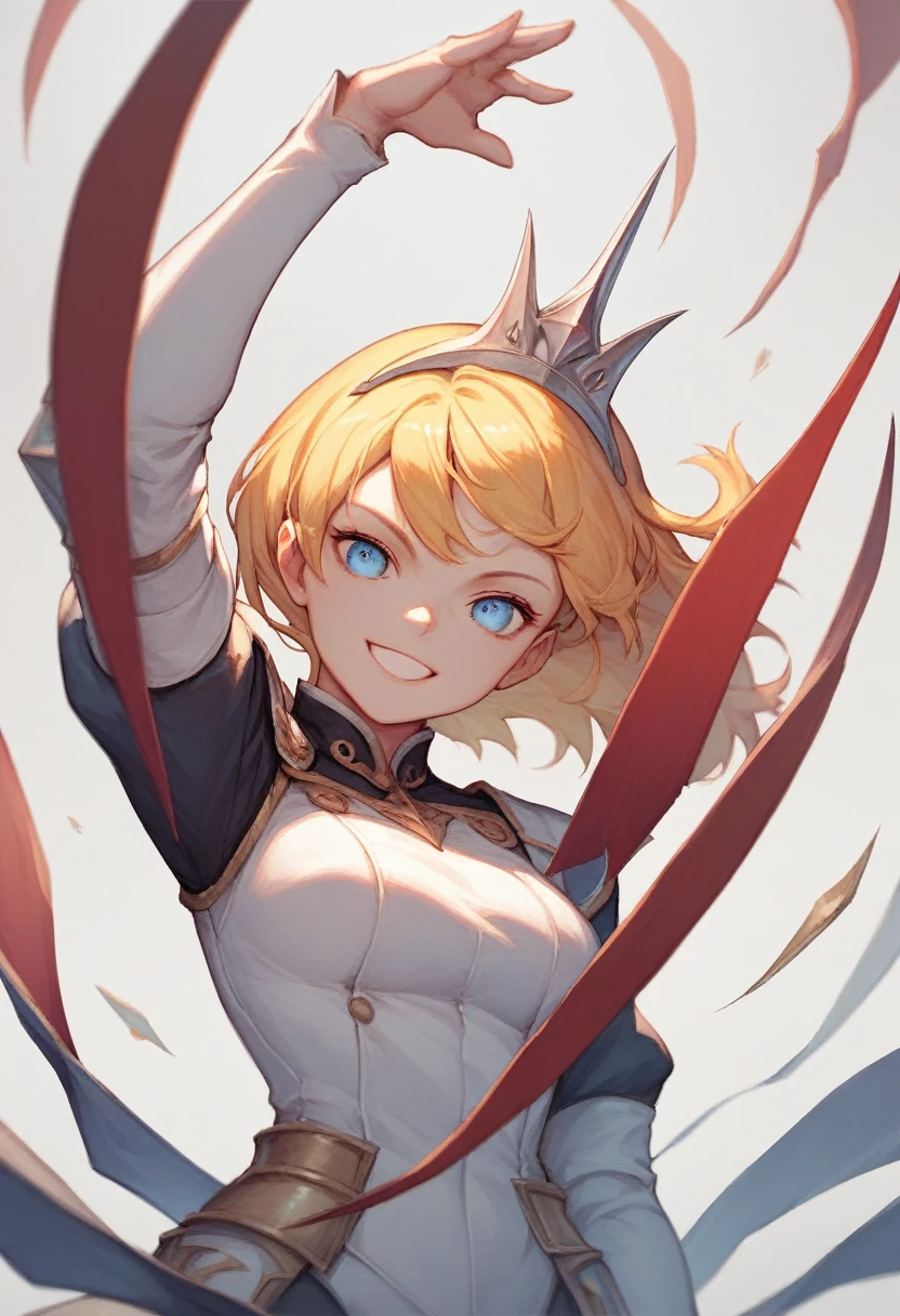 (Standing painting: 1.2) + (1girl:1.5)+ golden hair + princess cut + white knight uniform + detailed eyes and nose + deep blue eyes +  white battle uniform + domineering, masterpiece, best quality,evil smile,holy,adult,upper body,dynamic angle,dynamic pose,