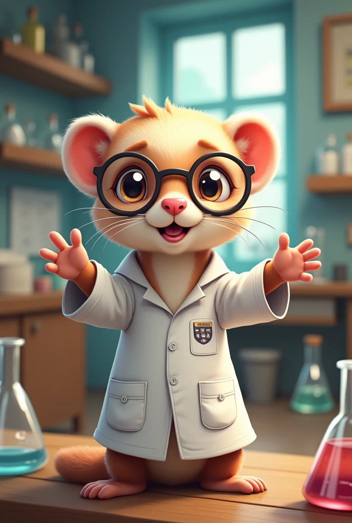 A ferret wearing a lab coat and glasses welcoming