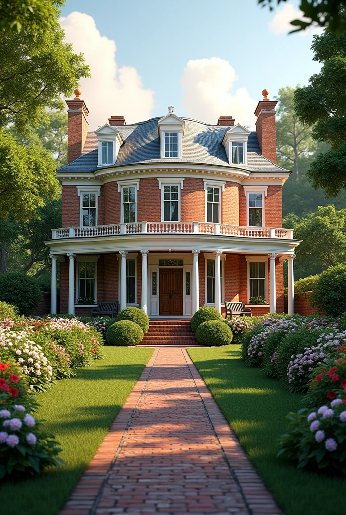 Create a picture of a realistic beautiful house with a small garden in front 
