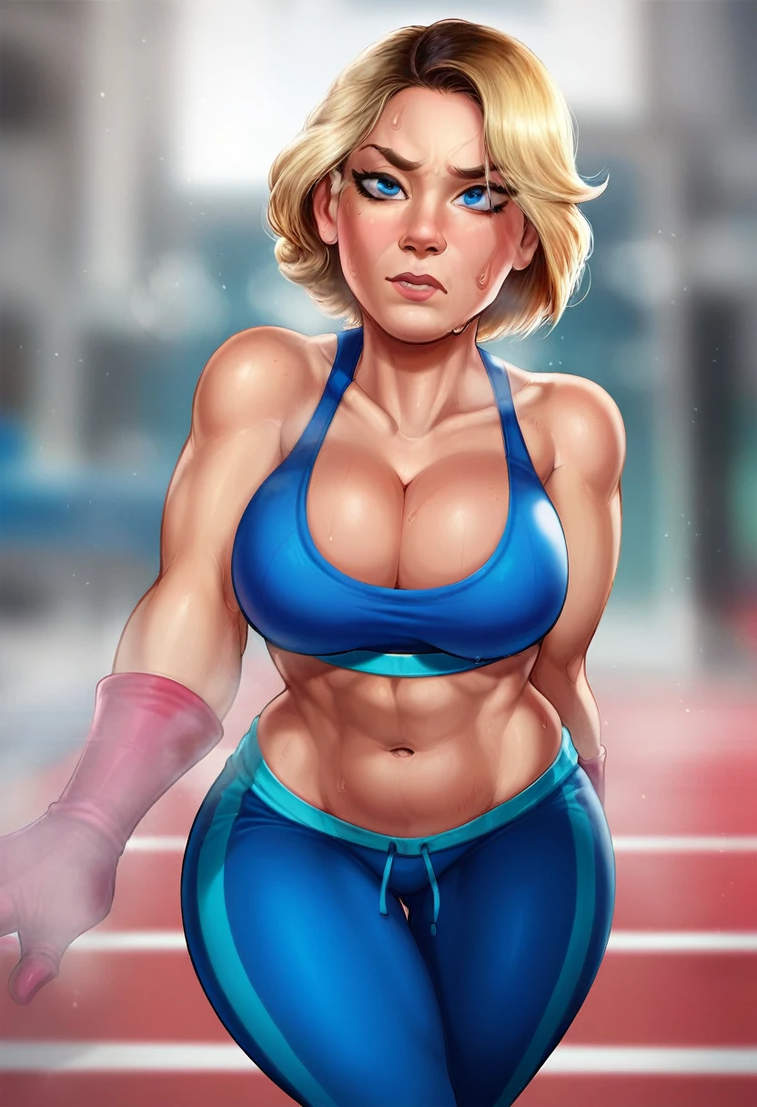 score_9, score_8_up, score_7_up, BREAK, power woman, 1girl, solo, sweatpants, sports bra, cleavage, large breasts, leggins pants, blurred background