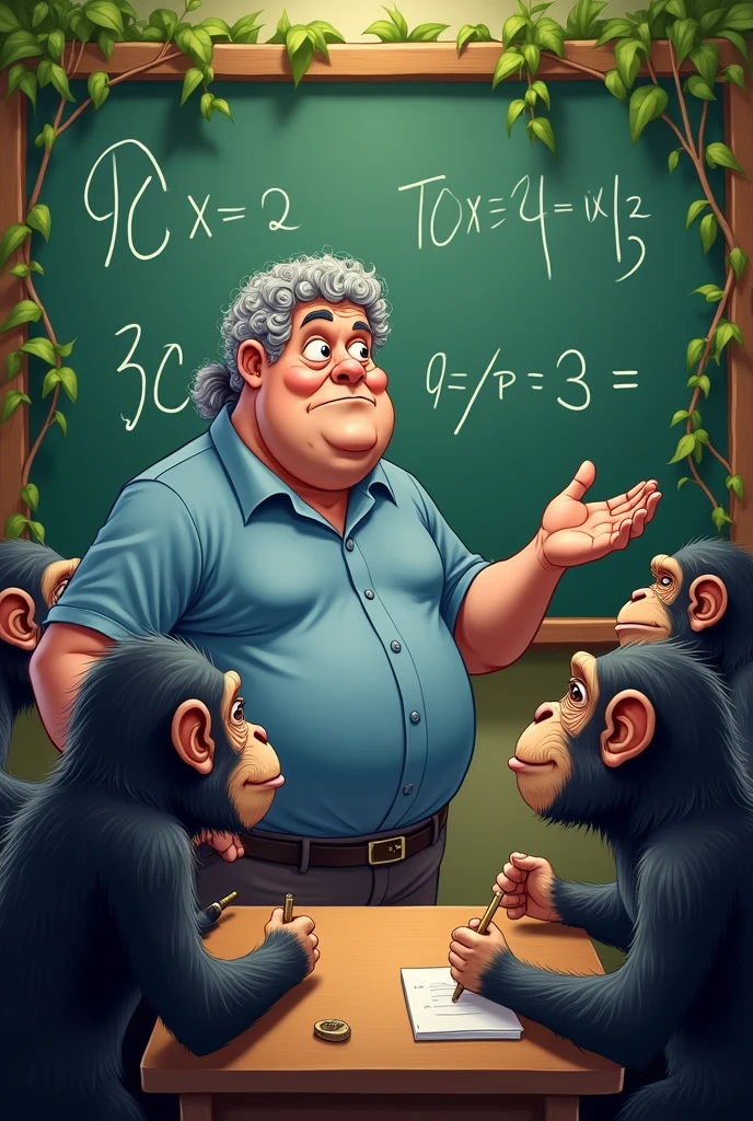 overweight male teacher wearing a blue shirt . He has gray curly hair combed back in a ponytail. imverb .Teaching math to wild chimpanzees