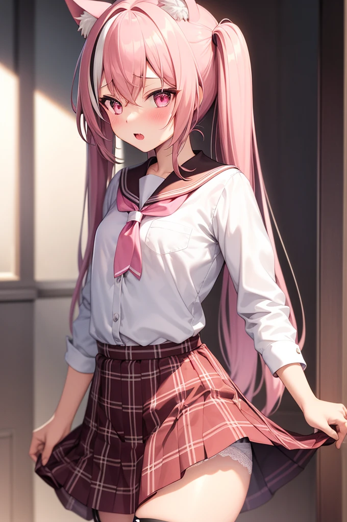 1girl, cat girl, Cat ears, grey hair, streaked hair, pink hair, long hair, hair between eyes, twintails, sailor collar,
highly_detailed, Beautiful eyes, extremely_detailed_CG_unity_8k_wallpaper, highres, absurdres, beautiful_detailed_eyes, finely_detailed_clothing, finely_detailed_light, highly_detail_hair_,
colorful, light rays, caustics, aistics, lens flare, bokeh, nsfw, A small chest, pink eyes, White silk stockings, JK Uniform Plaid Skirt, school uniform, Light pink mini skirt, blush,
score_anime, score_9, score_8_up, masterpiece, Lift up the skirt, charming, sexually suggestive, lace lingerie, Pink underwear