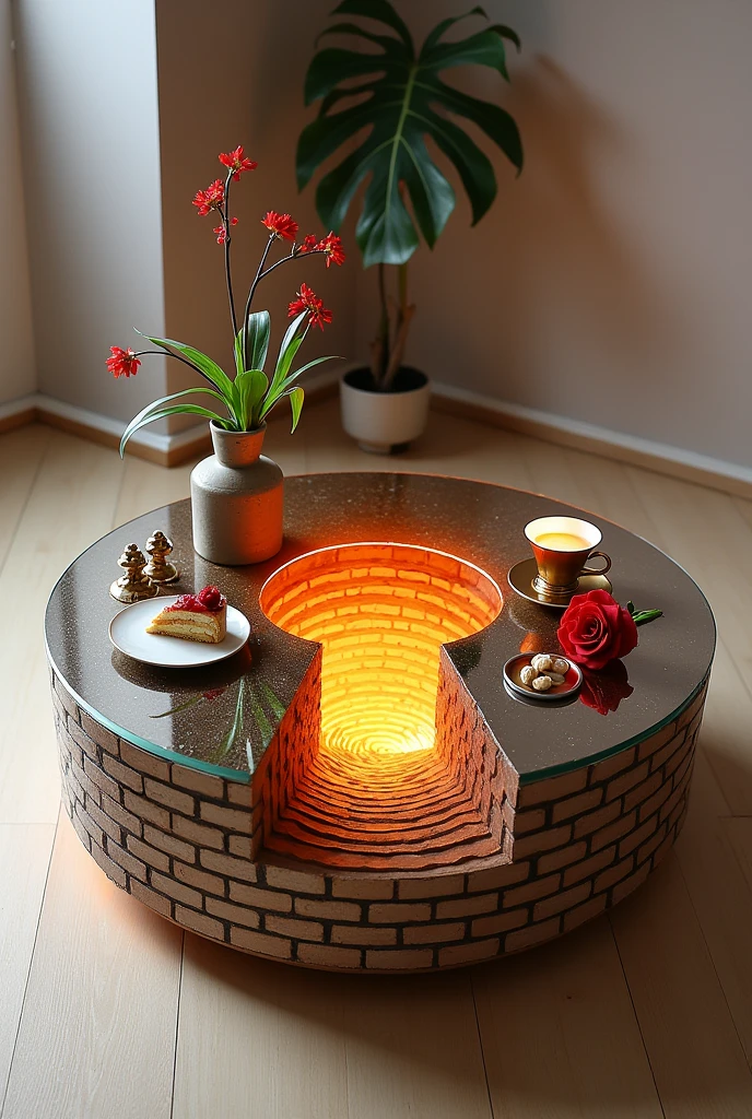 Small square coffee table handcrafted, featuring a two-way mirrored glass top that reflects a stunning visual effect inside that resembles a tunnel, a deep, endless well, and a never-ending staircase lit from the inside with warm orange LED lighting. The sides are covered with brick wallpaper that simulates the look of 3D textured wallpaper.. The table is decorated with simple decorations such as golden pedestals, small flowers, a cake and nuts, and contains a red rose and a tea cup. . The table is placed on a light-colored wooden floor.. The table design combines simplicity and elegance with a touch of modernity, making it a distinctive piece of art in any room or living room.