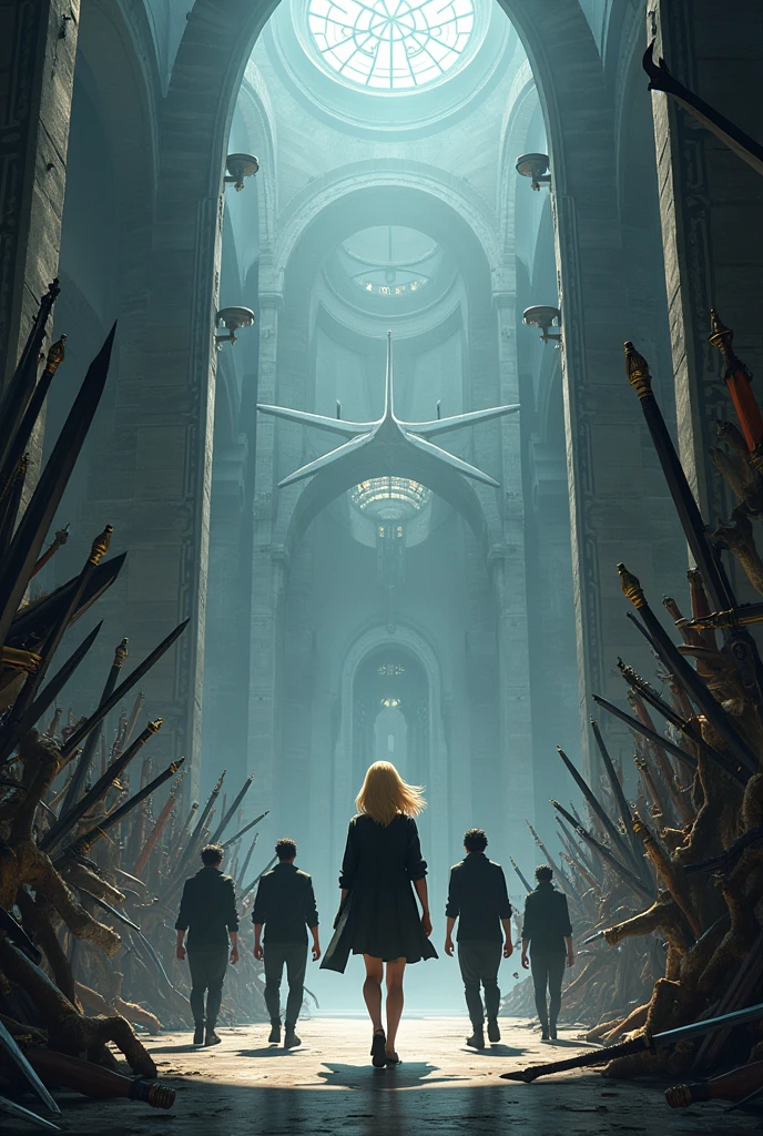 Create the image of a giant room of combat weapons and edged weapons, with security elements and in the middle walking a blonde girl with four young men behind her dressed in simple black clothes