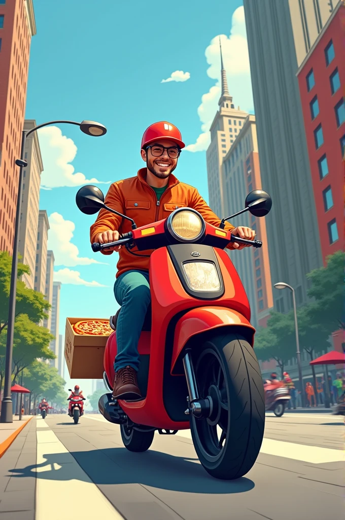 Drawing of a delivery boy with a motorcycle holding a pizza box