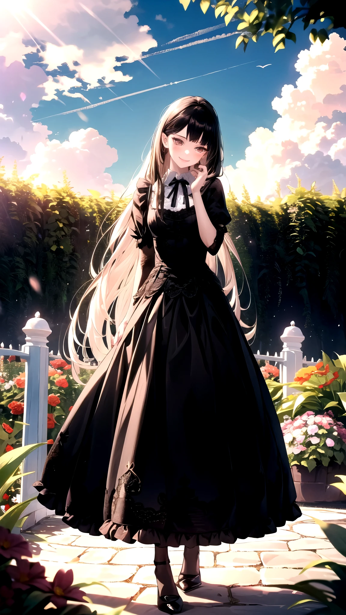 (Practical:1.3), Meticulous attention to detail, quality, (masterpiece:1.2), Delicate skin， (Intricate details), dramatic, Ray Tracing, 1 Girl, Smile, Very long hair, Bangs, Tutu，（（Lolita_skirt））, have,Ribbon,Lace,stocking, High heel, (outdoor, Sunny Day, garden, cloud)