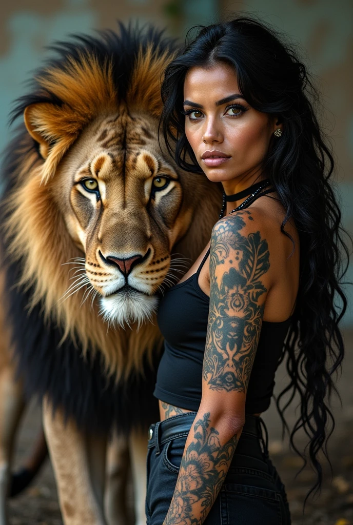 American woman with lion and Chicano tattoos on her face The lion is real 