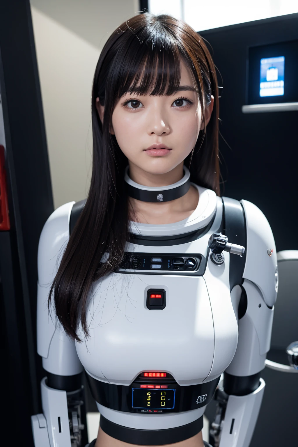 masterpiece, best quality, extremely detailed, Japaese android girl,portrait,Plump,a bit chubby,control panels,android,Droid,Mechanical Hand, Robot arms and legs, Black hair,Blunt bangs,perfect robot girl,long tube,thick cable connected her neck,android,robot,humanoid,cyborg,japanese cyborg girl ,robot-assembly plant,She is assembling now,assembly scene,rolling eyes,chest monitor
