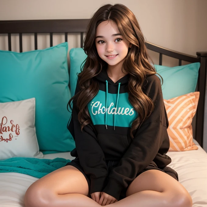 A very pretty girl with long wavy brown hair, is very young, early twenties, kinda short, brown eyes, wearing a loose turquoise hoodie and black shorts, sitting in a very comfy and decorated bed, looks very happy, red rosy cheeks, girl named Chloe