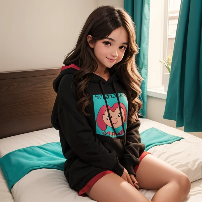A very pretty girl with long wavy brown hair, is very young, early twenties, kinda short, brown eyes, wearing a  loose turquoise hoodie and black shorts, sitting in a very comfy and decorated bed, looks very happy, red rosy cheeks, girl named Chloe