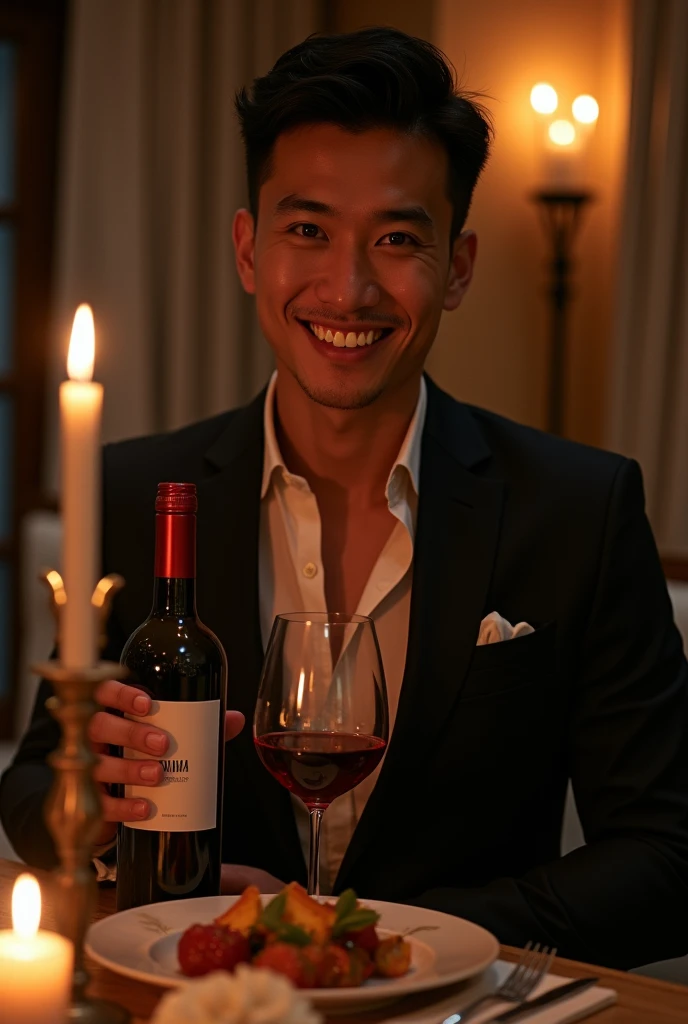 photorealistic, best quality, masterpiece, extremely detailed, masculine, sexy, homoerotic, extremely handsome, 30 year old thai man, muscular build, big smile, stylish smart attire, holds a bottle of wine, candlelit dinner for two, in dining room, at midnight, dramatic shadows, extremely romantic atmosphere, perfect face, perfect fingers, perfect hands, perfection
