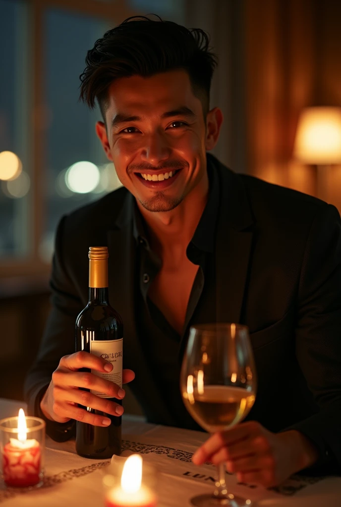 photorealistic, best quality, masterpiece, extremely detailed, masculine, sexy, homoerotic, extremely handsome, 30 year old thai man, muscular build, big smile, stylish smart attire, holds a bottle of wine, candlelit dinner for two, in dining room, at midnight, dramatic shadows, extremely romantic atmosphere, perfect face, perfect fingers, perfect hands, perfection