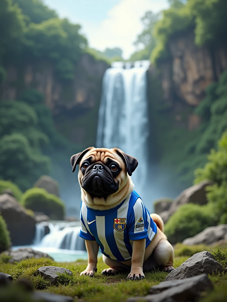 prompt: a landscape containing a waterfall, a pug dog dressed in the Fluminense shirt