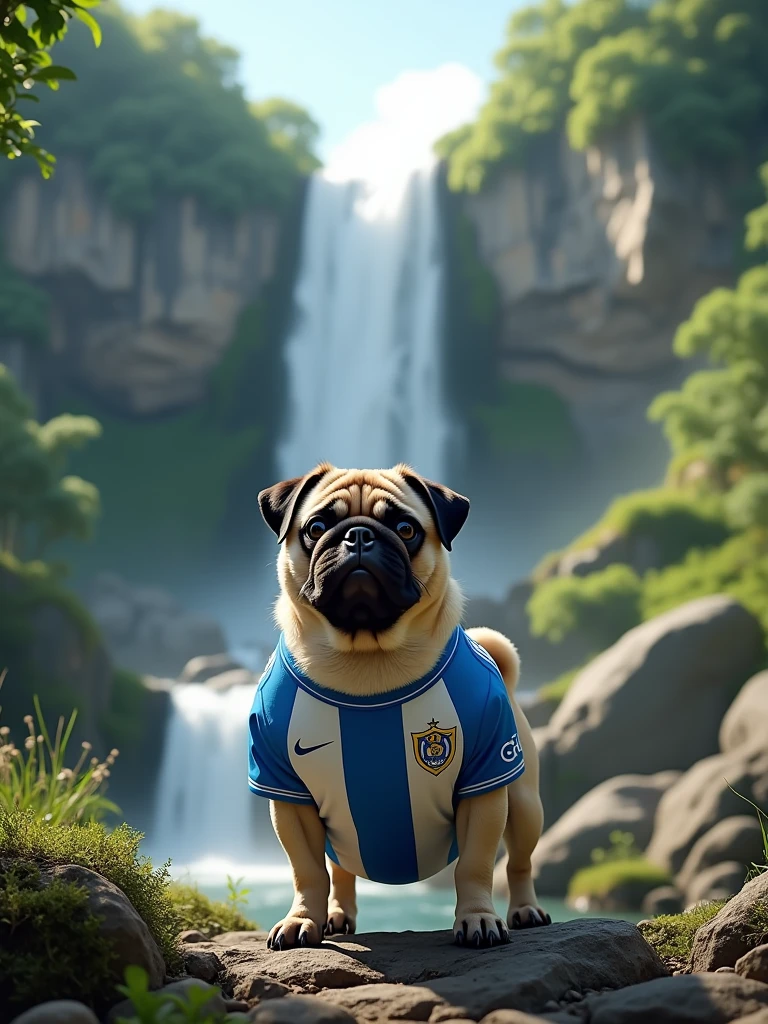 prompt: a landscape containing a waterfall, a pug dog dressed in the Fluminense shirt