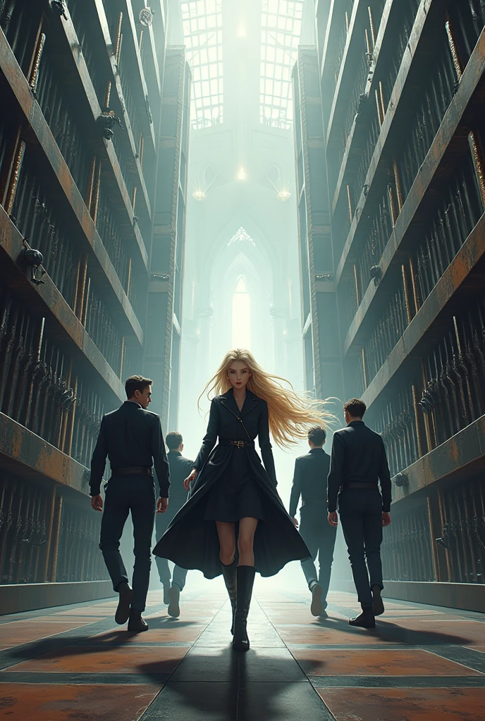Create the image of a large room of combat weapons and edged weapons, with security elements and in the middle walking a blonde girl with four young men behind her dressed in simple black clothes
