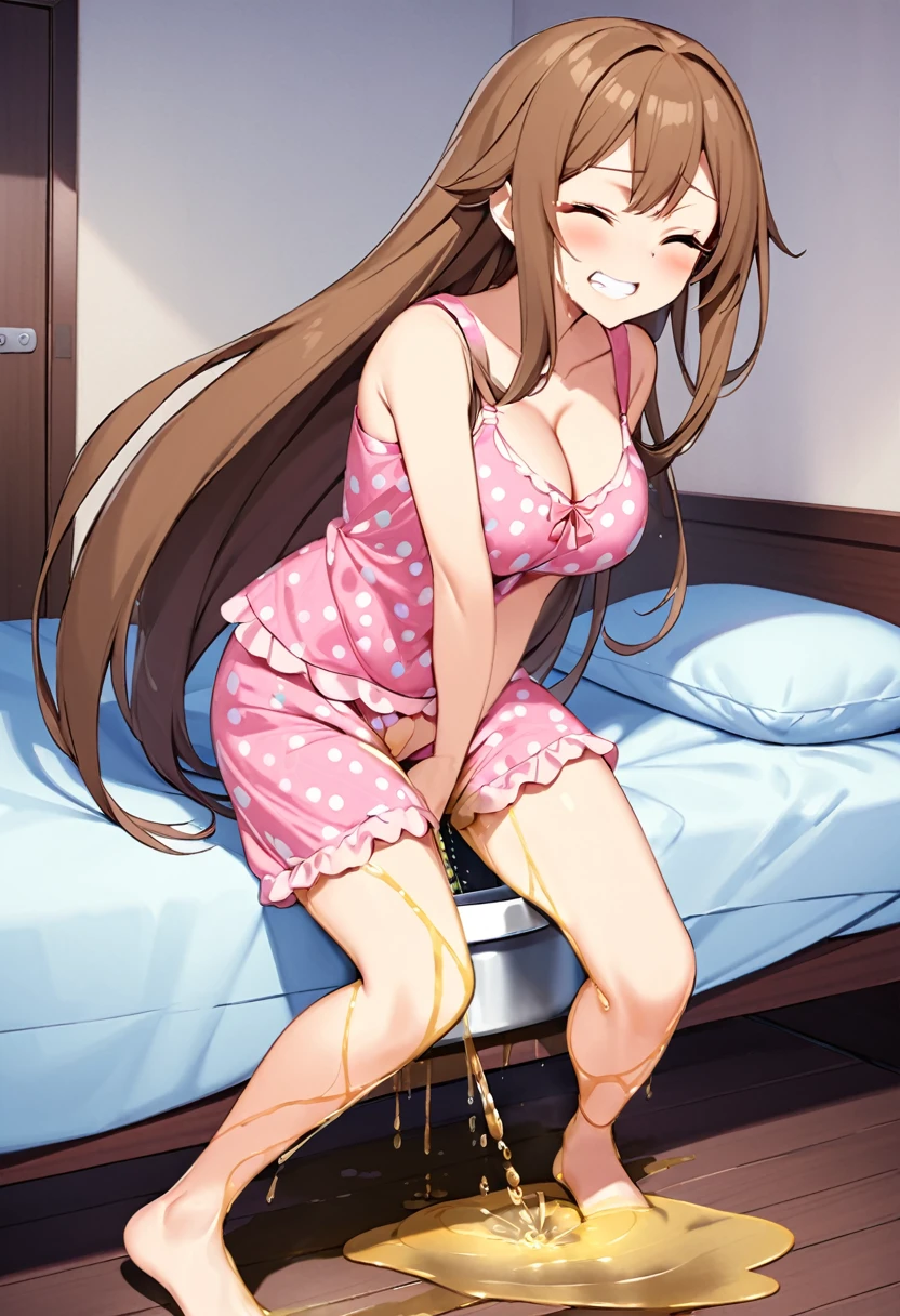 NSFW, (masterpiece, top quality, best quality, highly detailed:1.6), extremely detailed CG unity 8k wallpaper, (standing:2.9), (leaning forward:2.5), (woman, indoor, Tank-top-pajamas, In the bed room:2.5), (at midnight:2), (full body), wide shot, long shot, (hands between legs:1.5), (Touching crotch with hand, holding crotch, Hold the urethra and hold in your pee:2.5), (rubbing knees together,pee running down Tank-top-pajamas, pee running down legs:2.5), (((clutching crotch))), (Pee flows down thighs and calves like a waterfall:1.5), strong facial expression, (sharp eye:1.2), (scowl:1.1), (embarrassed,blush:1.3), (steam:2.5), (wet:1.1), (sweat:1.1), (trembling:1.3), (open mouth, wavy mouth:1.4), (clenched teeth:1.7), (drooling), (half open eyes:2), (one eye closed, wink:2), (feeling weak:1.5), (bravery crying, sobbing:1.5), (shoot from front, looking at viewer:1.2), (very long hair, Extra long hair, brown hair:1.7), (woman trembling with sexual climax:1.5), colorful, full body, wide shot, perfect composition, (panty, panties,bra), urination, incontinence, piss, peeing self, (((pee stream))), (pee puddle), Wetting herself, (Pee stains spread on the skirt), From the skirt dripping pee, large breasts, Yellow pee, ((leaking pee)), puddle of pee, Pee at your feet, Pee spread on the floor, Pee stains, Dripping pee between my legs, Feet Wet from pee, Pee-covered feet, Pee at your feet, want to pee, about to pee, Full bladder, Pee-soaked panties, natural makeup,