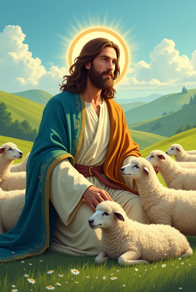 Jesus as a good shepherd with his sheep, colorful images to attract young people's attention