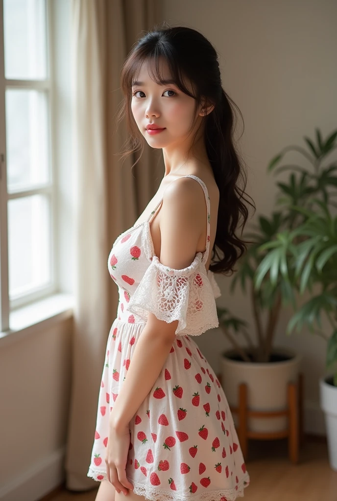 Full body photo、live-action、Japanese、woman、clear、delicate、9 heads、tall、high school student、model、Waistline、Beautiful body lines、Small breasts、Small chest、Private Server、Sweet々system、cute、The armholes are loose and there are gaps、The waist is tight、Strawberry patterned lace sleeveless dress、Side view、Large openings at the sides of the sleeves、I can see the side clearly、Hurrah、Her bra is showing
