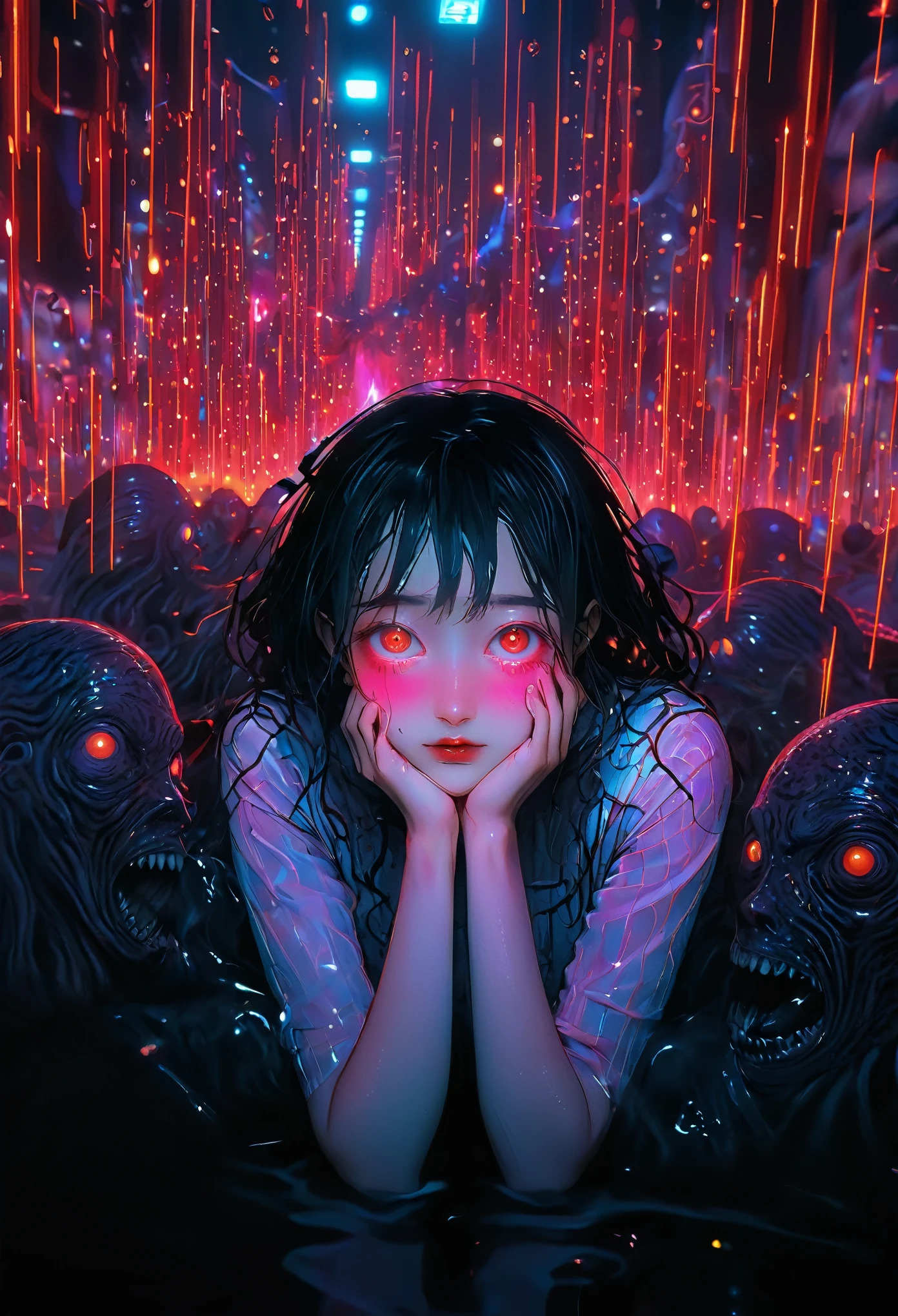 surreal horror, anime style, directed by Junji Ito, high contrast, vivid colors, eerie atmosphere, psychological tension, intricate line work, nightmarish creatures
