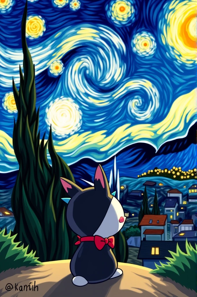 Van Gogh&#39;s Starry Night and this Kuromi sitting looking at the sky 