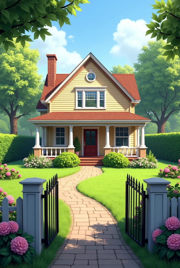 Create a picture of a beautiful and realistic average house with a small garden in front of the house itself
