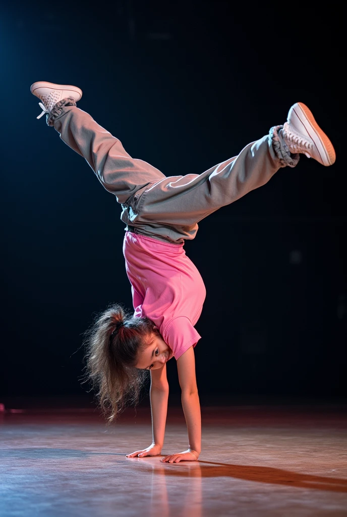 Photo of a girl dancing breakdancing、The pose is done in a handstand with the elbows as the fulcrum and the legs spread apart.、Smiling and looking at the viewer、He is wearing a pink T-shirt, loose pants and white sneakers.、(Night stage background:1.2)、A deep background、A composition that gives a sense of speed、Breaking、Breaking、Masterpiece、Very detailed、anatomically correct