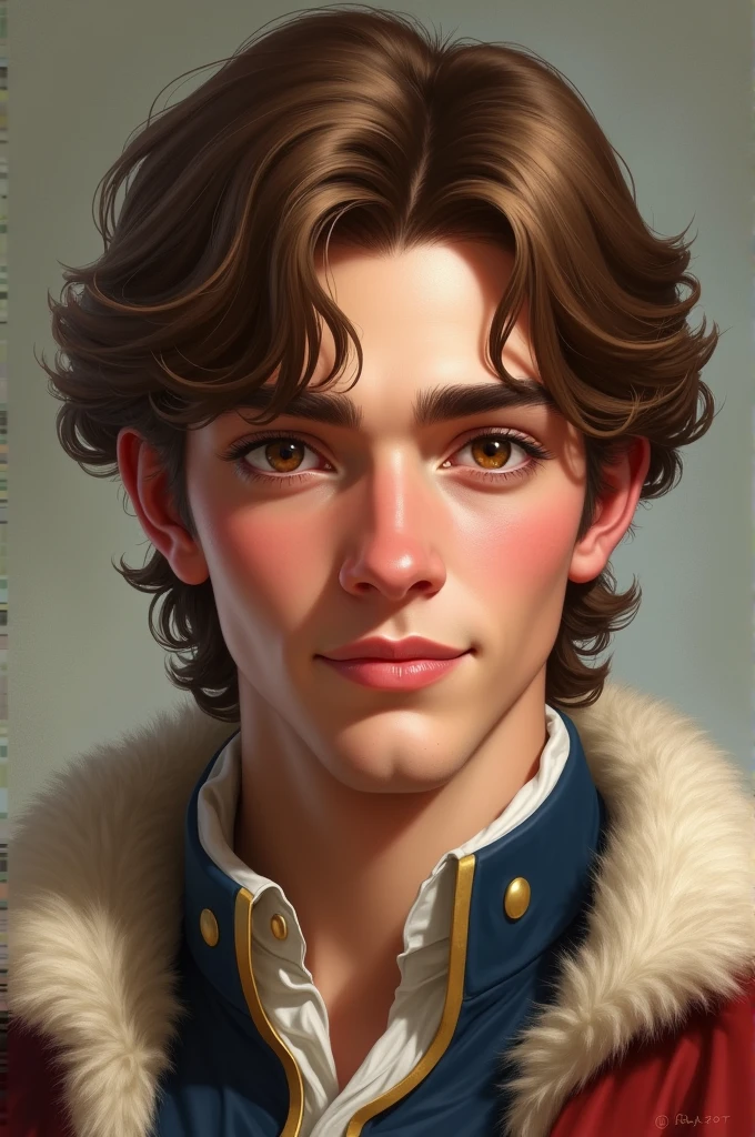 Create a realistic image of a light brown haired prince, hazel eyes, White skin, full lips, marked jaw and defined features, lovely smile