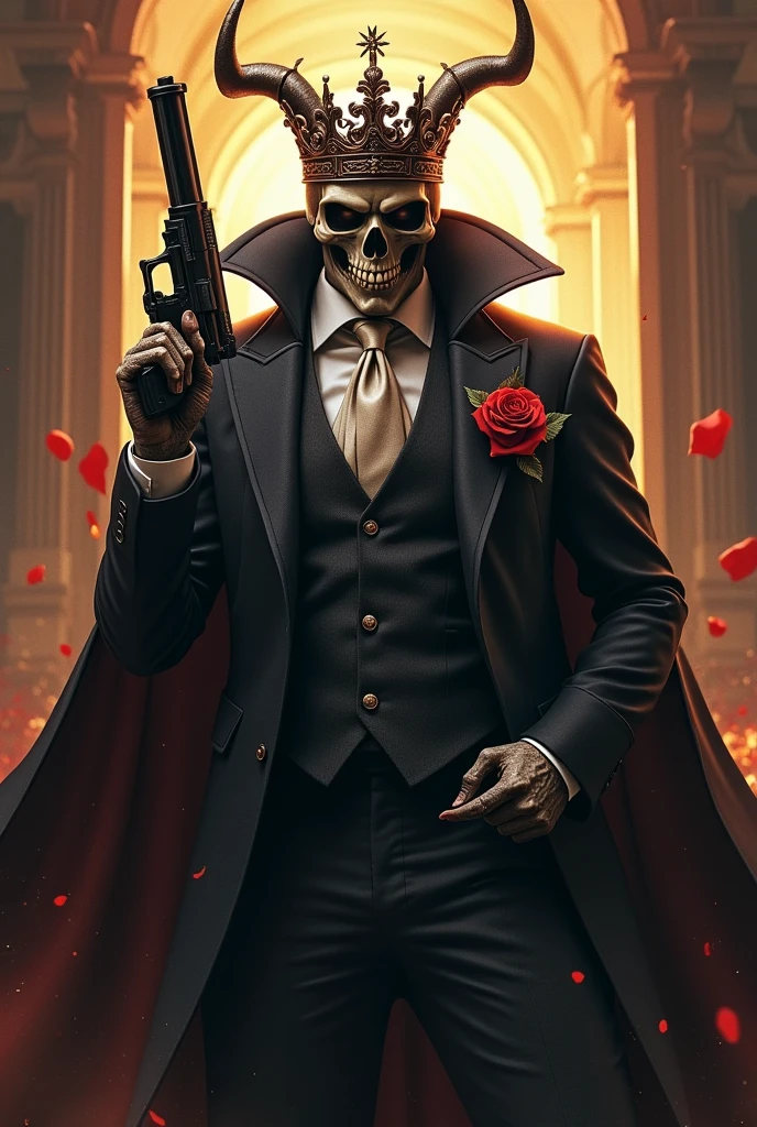 Skull with gun and rose cholo thug drug dealer elegant gentleman evil psychopath power ambition lost soul madness conquest dominion king maniac violent man diabolical darkness hell chaos destruction perdition demon almighty invincible unique furious rebel legendary crown cruel ruthless without feelings soldier war weapons death criminal murderer