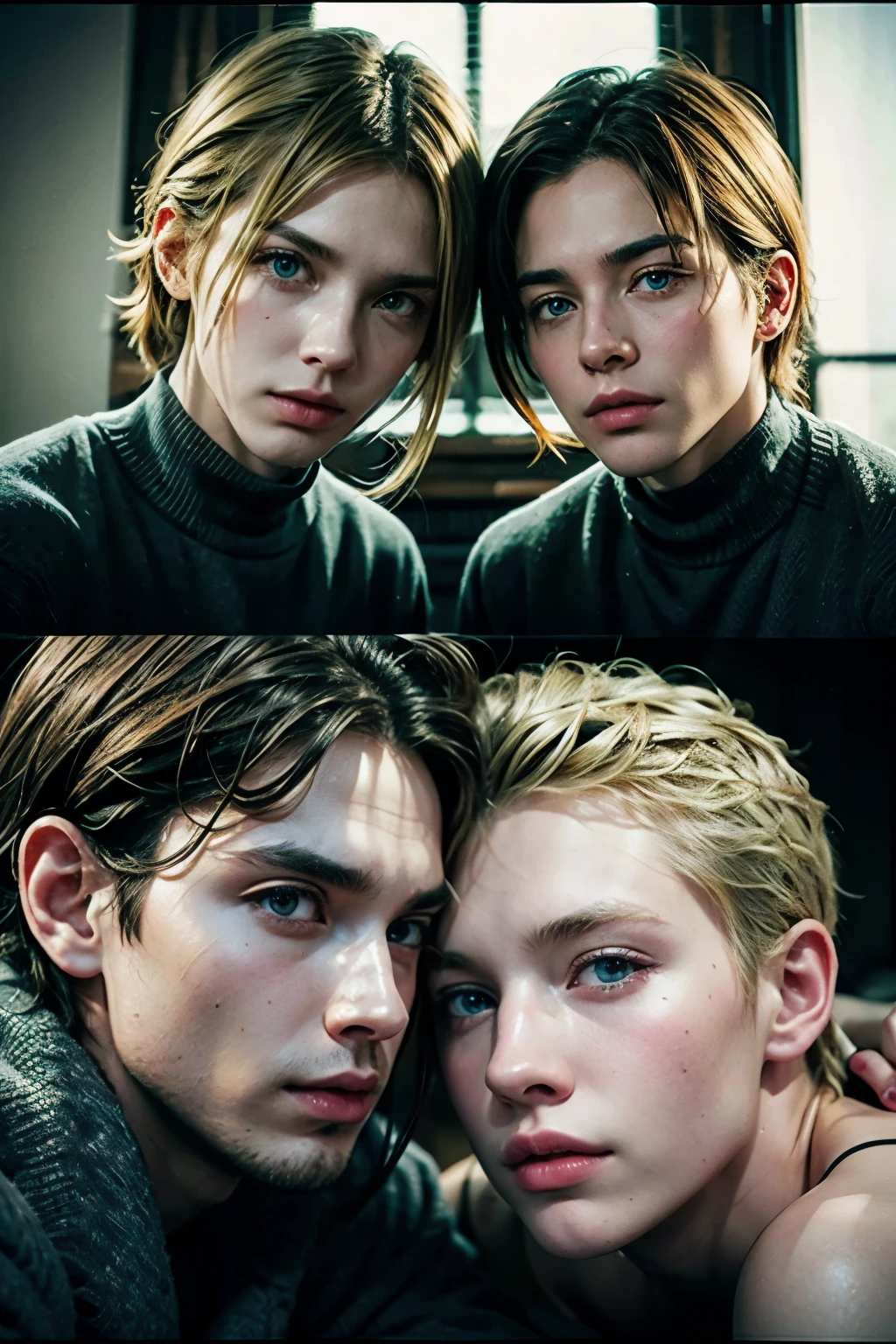 couple of men, One of them is blonde with blue eyes, THE OTHER IS A MAN WITH DARK BROWN HAIR WITH GREEN EYES AND SOFT FEATURES