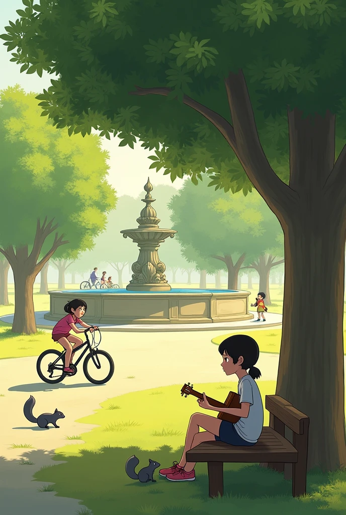 a park, In which at first glance we will see a tree where a girl will be sitting on a bench playing a guitar, which makes it seem like the focus of the photo is near said tree, and next to her a girl on a bicycle riding to the left, Place two small grey squirrels under the bike, which are far from the bike, In the background you can see a fountain in the middle of the park., Behind the fountains you can see several people walking to the left, as 2D images of people.