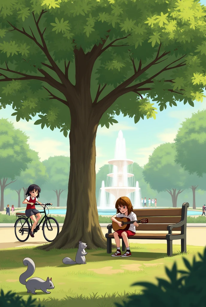 a park, In which at first glance we will see a tree where a girl will be sitting on a bench playing a guitar, which makes it seem like the focus of the photo is near said tree, and next to her a girl on a bicycle riding to the left, Place two small grey squirrels under the bike, which are far from the bike, In the background you can see a fountain in the middle of the park., Behind the fountains you can see several people walking to the left, as 2D images of people.