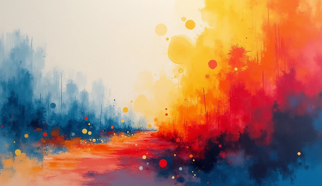 A vibrant abstract expressionist artwork featuring dynamic, bold strokes and splashes of bright colors like red, blue, orange, and yellow. The painting should have a sense of explosive energy and movement, with the colors radiating outward from a central point, creating a burst of vibrant hues. The composition should evoke a feeling of controlled chaos, with the interplay of colors and forms capturing the spontaneity and emotion characteristic of action painting.