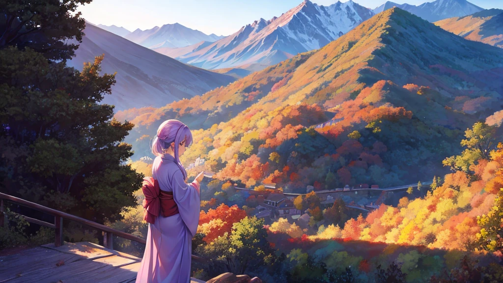 woman clear Light purple hair kimono Anime Style Mountain village Mountain pass
