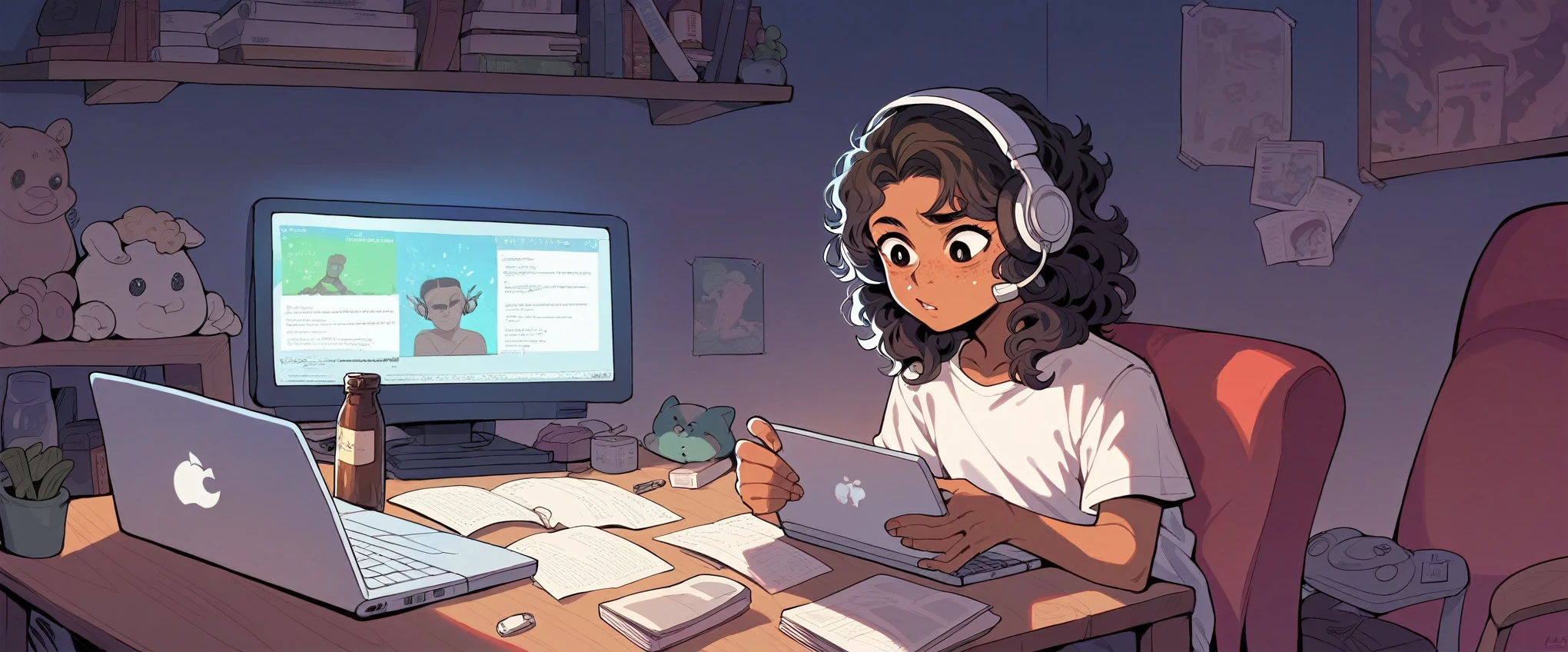 ((Boy)), ((Dark Skin)), ((Freckles on Face)), black curly hair, white streak, ((Studying)), bedroom, ((Calm)), ((Chill)), ((Headphones)), ((Laptop)), ((Monitor)), Night, Bottle, Desktop, ((Hacking)), ((Hacker)), Tech, HD, High Resolution, 4K