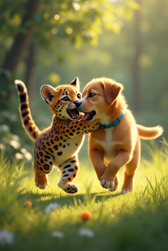 A male baby leopard plays with a female dog