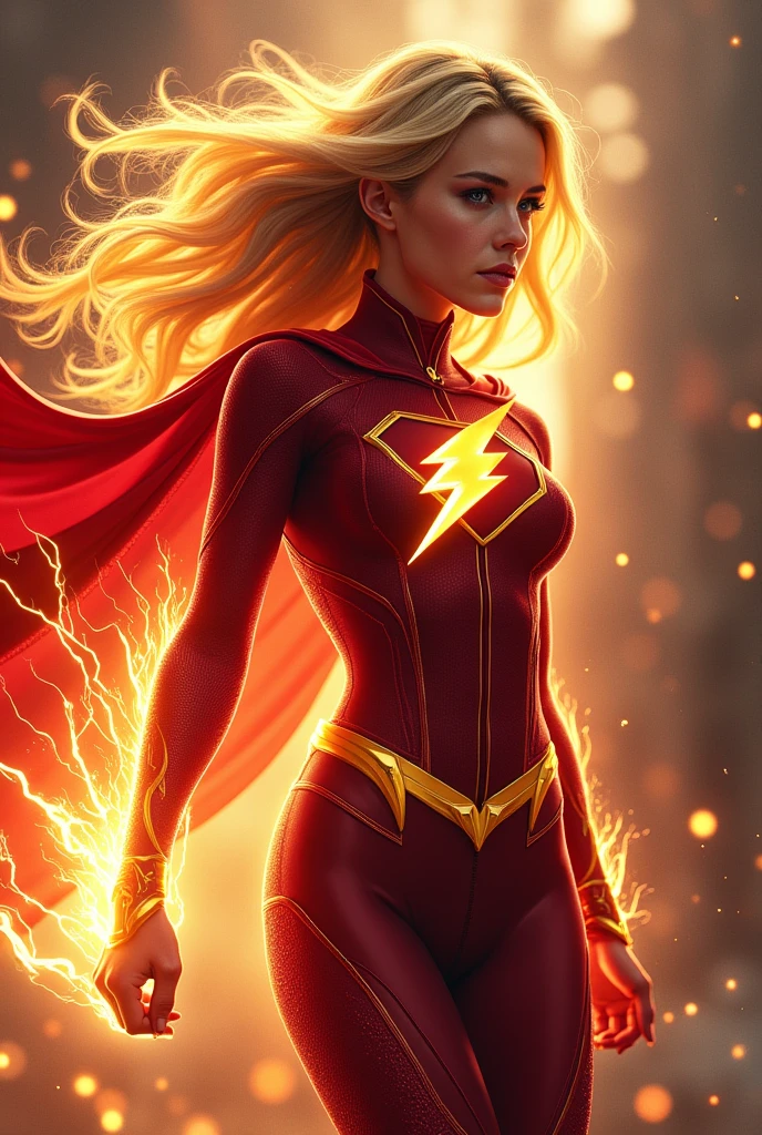 The daughter of Flash and Supergirl, adult, with a fused suit of both superheroes, and with a cape, blonde, and lightning bolt emblem; with super speed rays