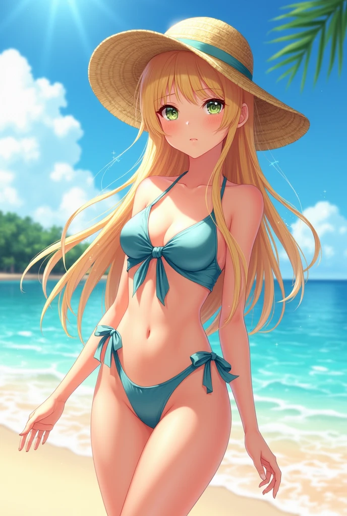 (photoanemism:1.2), beautiful anime girl, blonde hair, long hair, at Beach, Straw hat, fashionable swimsuit with a tied waist swimsuit design, Long angle that focuses on the girl, special effects, fashionable pose
