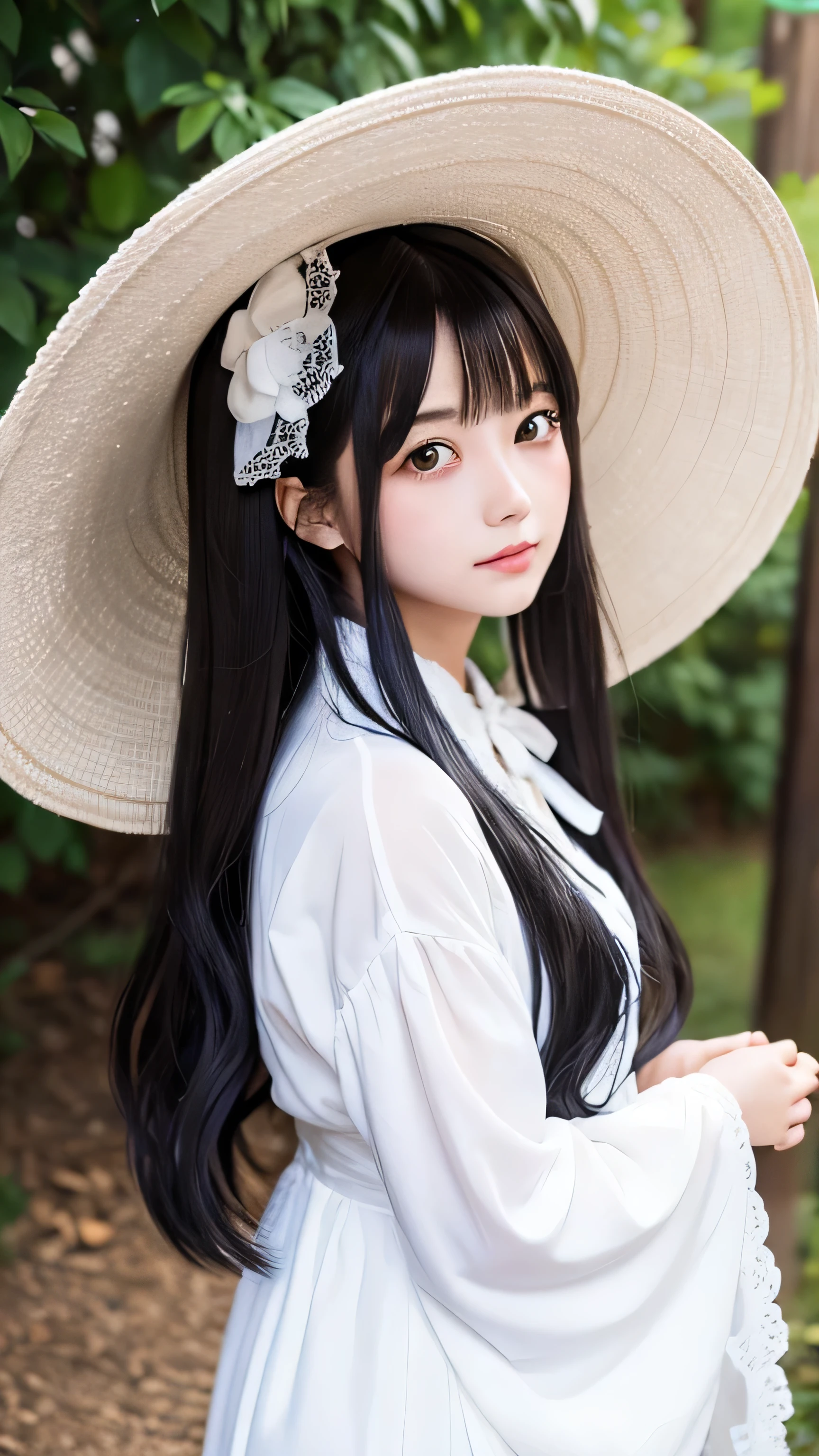 "Depict 'Hachishaku-sama,' the Eight Feet Tall spirit from Japanese folklore, transformed into the ultimate moe character while retaining her iconic features. Standing at an imposing 240cm, she embodies a mix of cuteness and eerie charm. She wears a frilly, white dress with lace accents, adding a playful, adorable touch to her towering figure. A large, white hat sits atop her head, slightly tilted, with her face partially obscured, but her large, sparkling eyes shine through with an innocent yet mysterious allure. Her long, black hair flows down her back in soft, fluffy waves, reminiscent of classic moe characters, adding to her endearing presence. Her expression is sweet and bashful, with a gentle blush on her cheeks, making her look shy despite her height. She holds her hands together in front of her, fingers delicately touching, as if she’s unsure of her place in the world around her. The overall atmosphere is one of juxtaposed cuteness and subtle unease, making her the ultimate embodiment of a giant, kawaii figure with a hint of mystery."