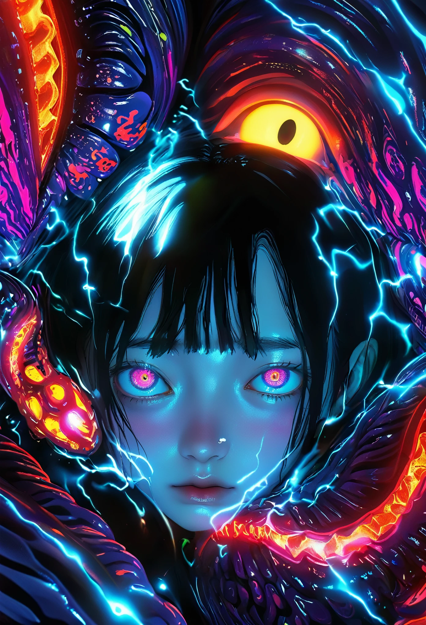 surreal horror, anime style, directed by Junji Ito, high contrast, vivid colors, eerie atmosphere, psychological tension, intricate line work, nightmarish creatures