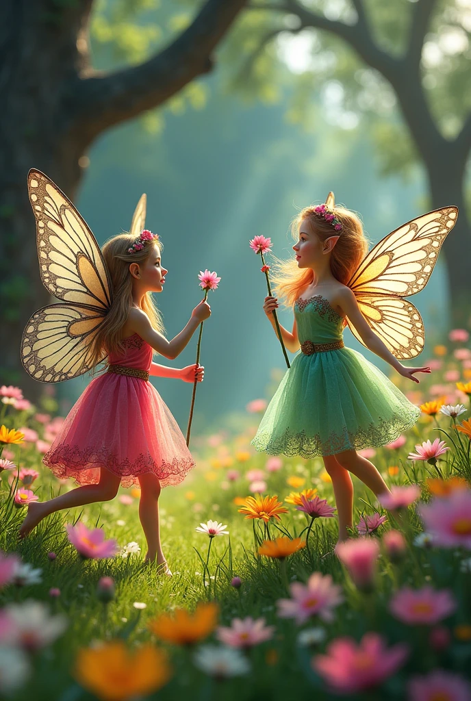 vibrant and enchanted fairy tale design. field full of colorful flowers. large old trees in the background. little celtic fairies fly, They are very small women with translucent butterfly wings and pointy elf ears, each one with a dress of a different color, hold wands in their hands, are very bright.