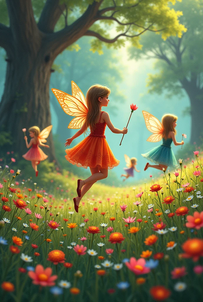 vibrant and enchanted fairy tale design. field full of colorful flowers. large old trees in the background. little celtic fairies fly, They are very small women with translucent butterfly wings and pointy elf ears, each one with a dress of a different color, hold wands in their hands, are very bright.