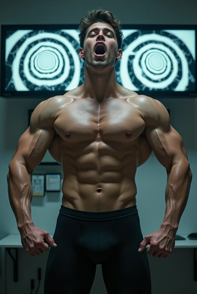 A young male college student is being brainwashed and staring blankly ahead with his mouth hanging open like a slackjawed idiot as he flexes a pair of massive hyper muscular arms in the air while repeating hypnotic mantras to reinforce his tranced state. Hypnotized to be a big dumb bodybuilder football jock. Wearing compression gear. Sweating. Hyper muscles. Massive biceps. Massive triceps. Massive traps. Giant meaty pecs. Strong abs. Broad shoulders. Swollen glutes. Hyper lats. Heavy hyper swollen crotch bulge. Musclehead. Meathead. Jock. Football. "Bigger ... dumber.... Bigger.... Dumber.... Flex. Obey. I obey.... I obey.... I obey.... Huhuh.... Brooooo...." Hypnotic spirals on monitors behind him.