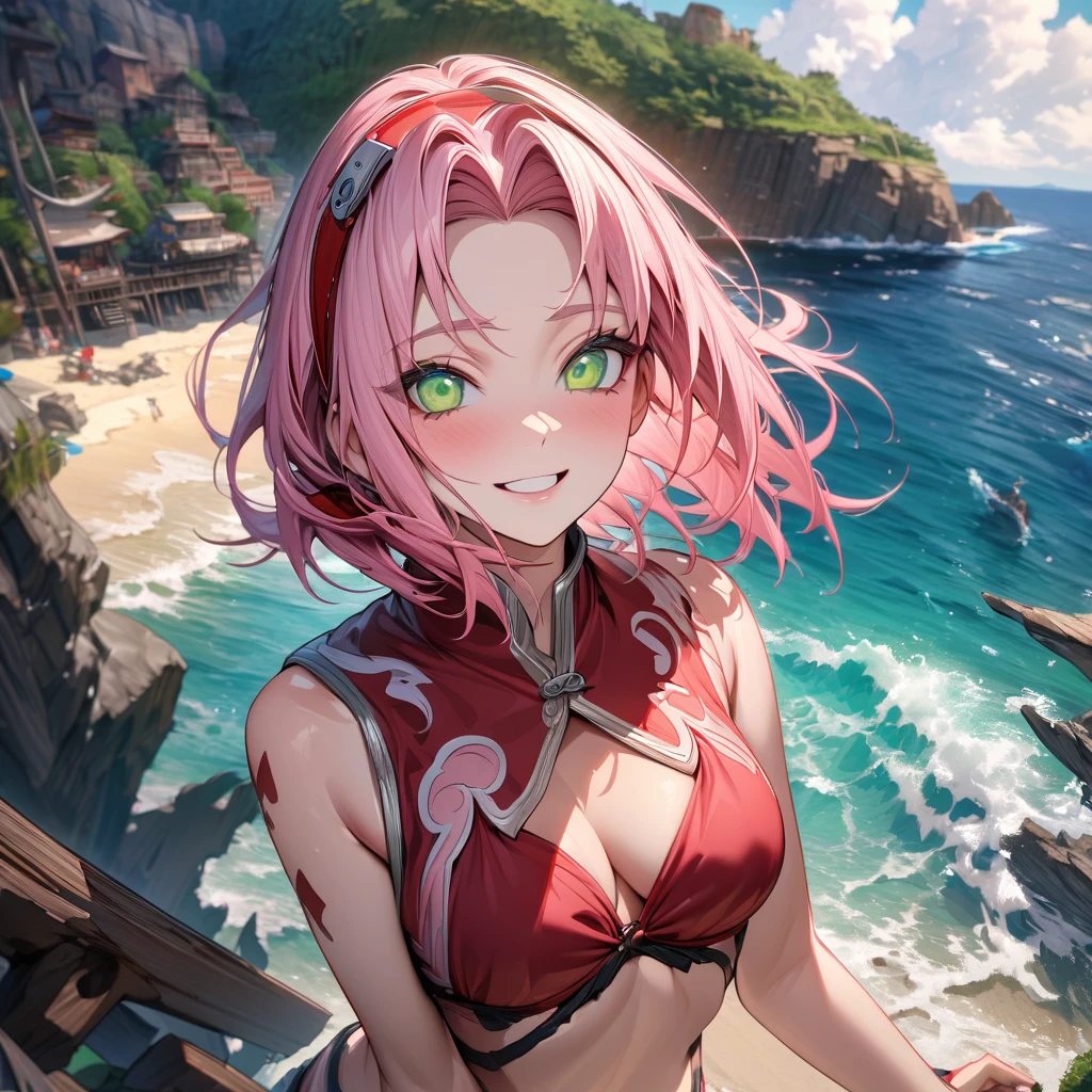 absurdres, highres, ultra detailed, HDR, master piece, best quality, extremely detailed, Haruno Sakura, pink hair, expressive green eyes, Naruto Shippuden, solo, woman, beautiful, smile, red bikini, island, sea, beach