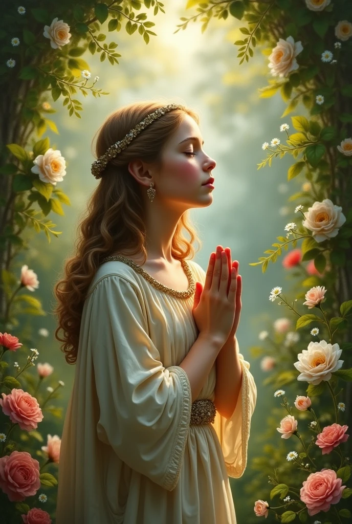 Virgin Mary as a young girl praying in a garden