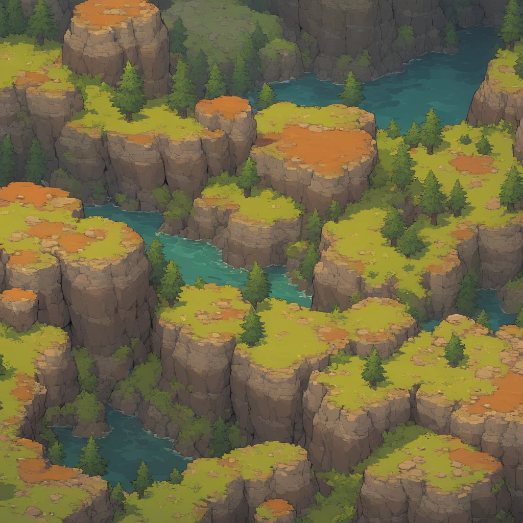 Retro video game style, pixelated, vibrant colors, 8-bit characters, blocky shapes, sharp lines, detailed shading, classic gaming vibe, nostalgic atmosphere, classic arcade games. Masterpiece:1.2, ultra-detailed, illustration style. 2D texture, stone texture, 4K seamless mud texture, video game texture, dirt texture. Game tiles, grass, 3/4th perspective trees, 3/4th perspective tileable rock texture, 3/4th perspective tileable cliff formations, tileable trees, top-down view, tileable texture. Very detailed cliff texture, intricate stones.

Mountain Terrain: Diverse mountain shapes and elevations, including peaks, ridges, and valleys.

Texture Detail: High resolution with intricate details like rocky surfaces, crags, and natural erosion patterns.

Seamless Pattern: Ensure that the edges of the tile seamlessly align with adjacent tiles to create a continuous and coherent mountain range when repeated