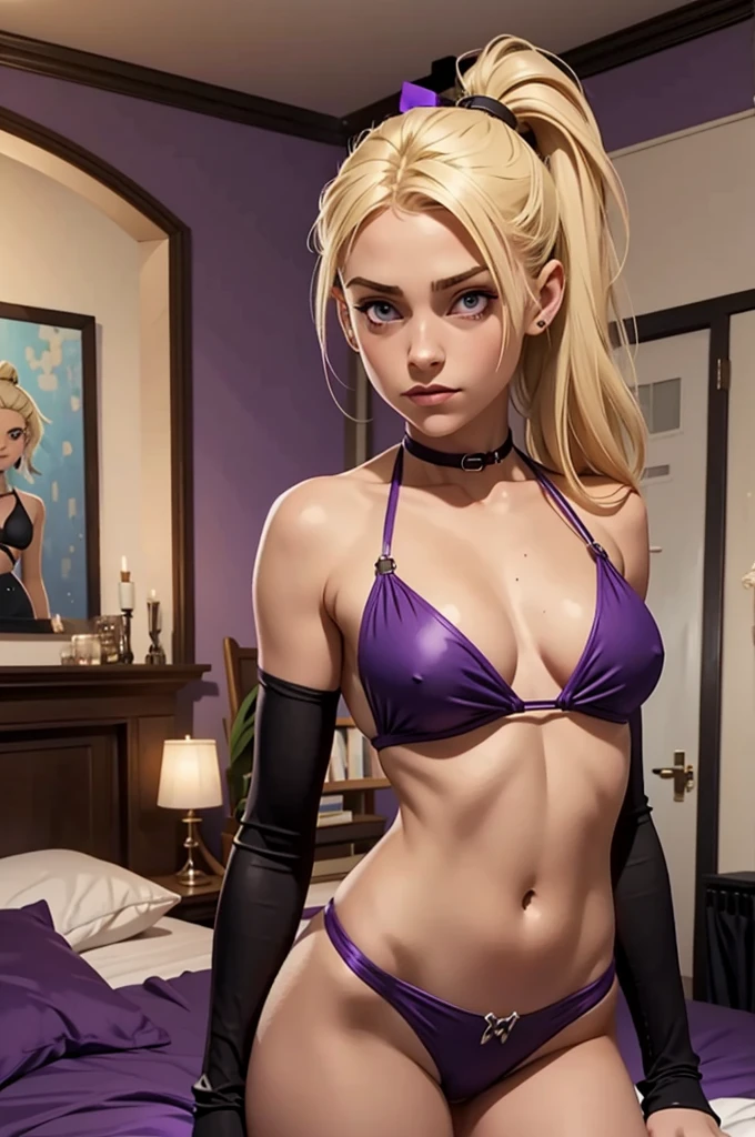 (realistic fantastic) gothic skinny irish girl with blond/black ponytail in purple bikini in her bedroom. She have flat pectorals